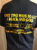 Back of black and gold two ways t-shirt